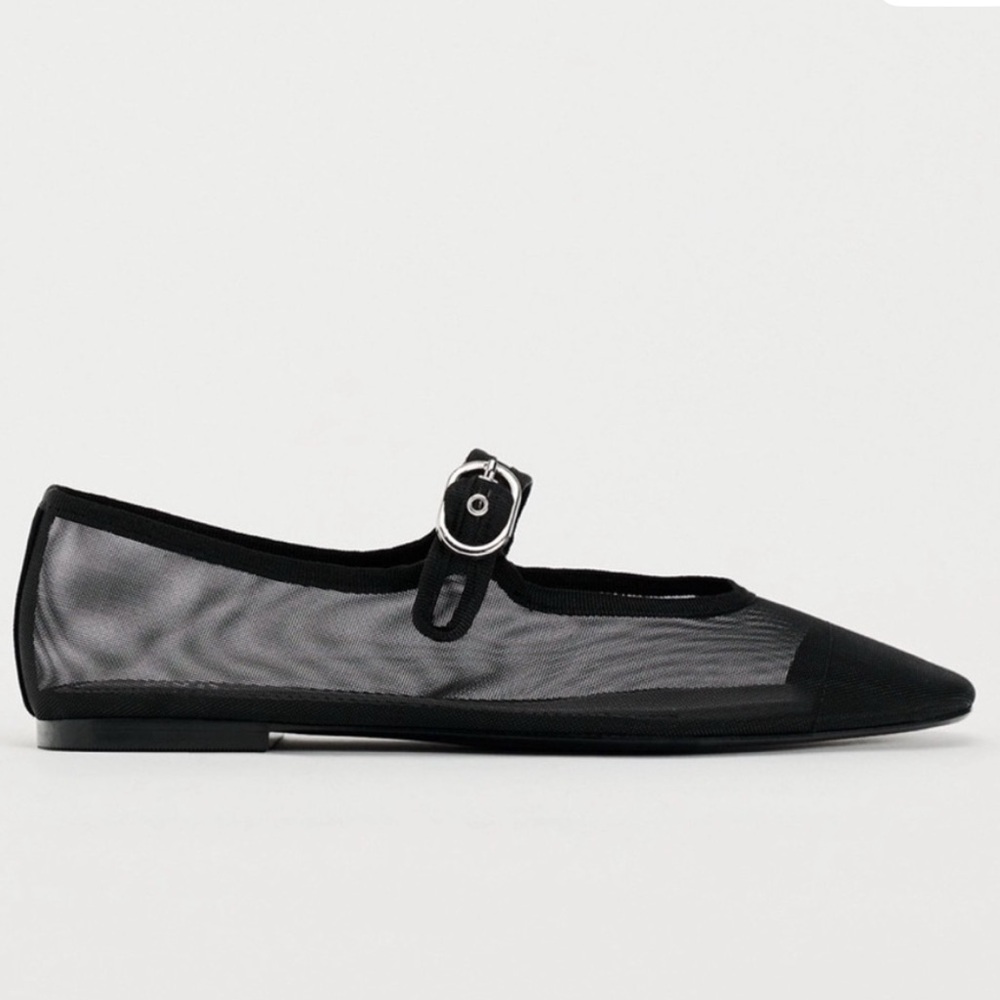 ZARA Black Mesh Mary Jane Ballet Flats with Buckle - Size 39
